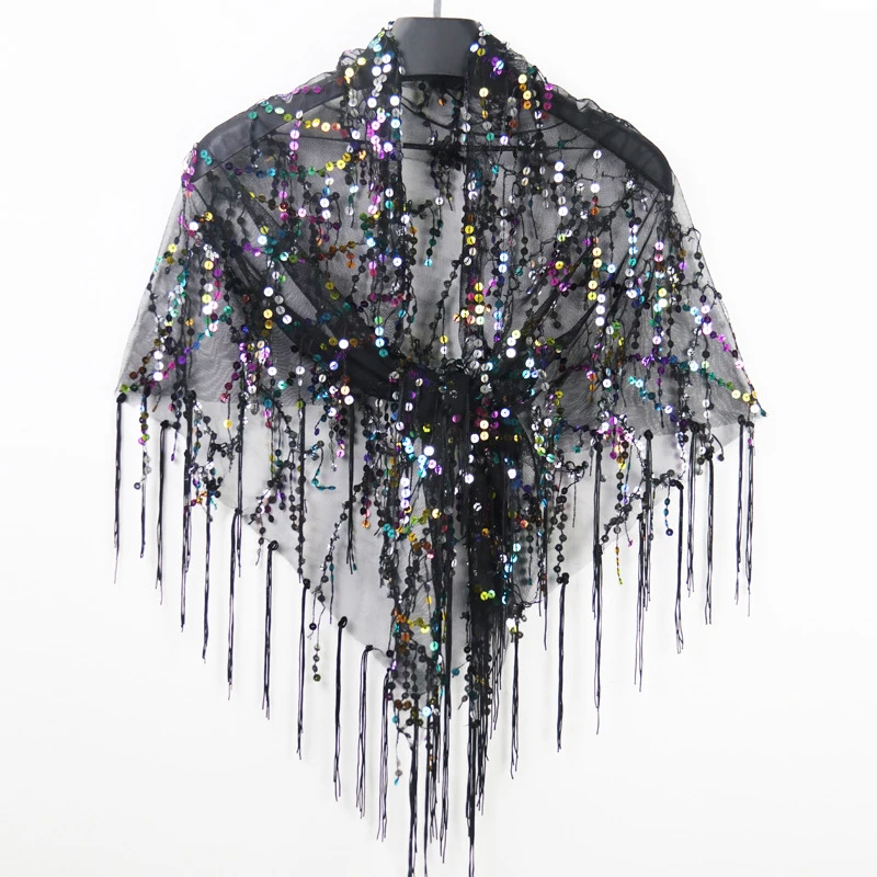 Fashionable versatile Shiny Sequin Fringe Shawl Triangular scarf for Evening banquet  Party Dance show dress accessory