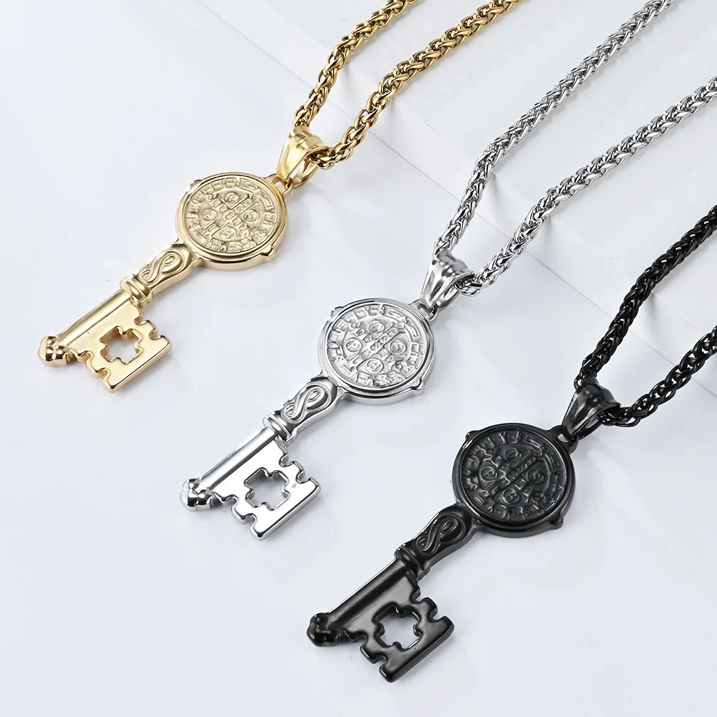 Christian Saint Benedict Key Design Pendants Necklace Stainless Steel Chain Fashion Jewelry Religious Necklace For Men Women