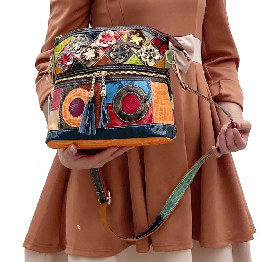 designer fashion boutique woman lady vintage street bohemian contrast color flower patchwork leather shoulder bag crossbody bag