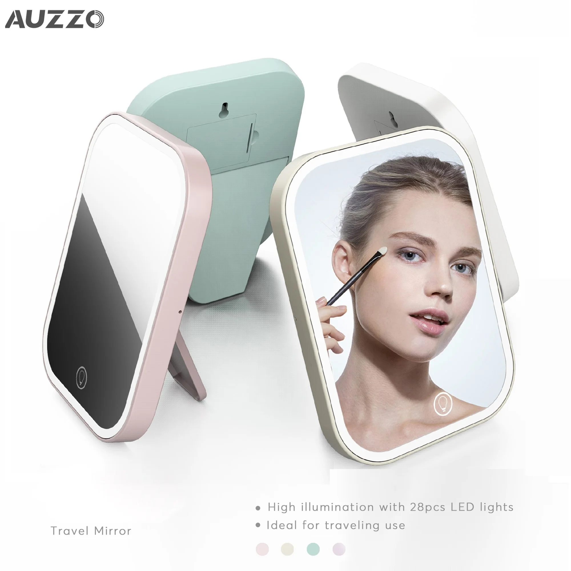 AUZZO 2023 Wholesale Custom Led Lighted Makeup Mirror Travel Desktop Dressing Table Portable Mirror For Women Girls