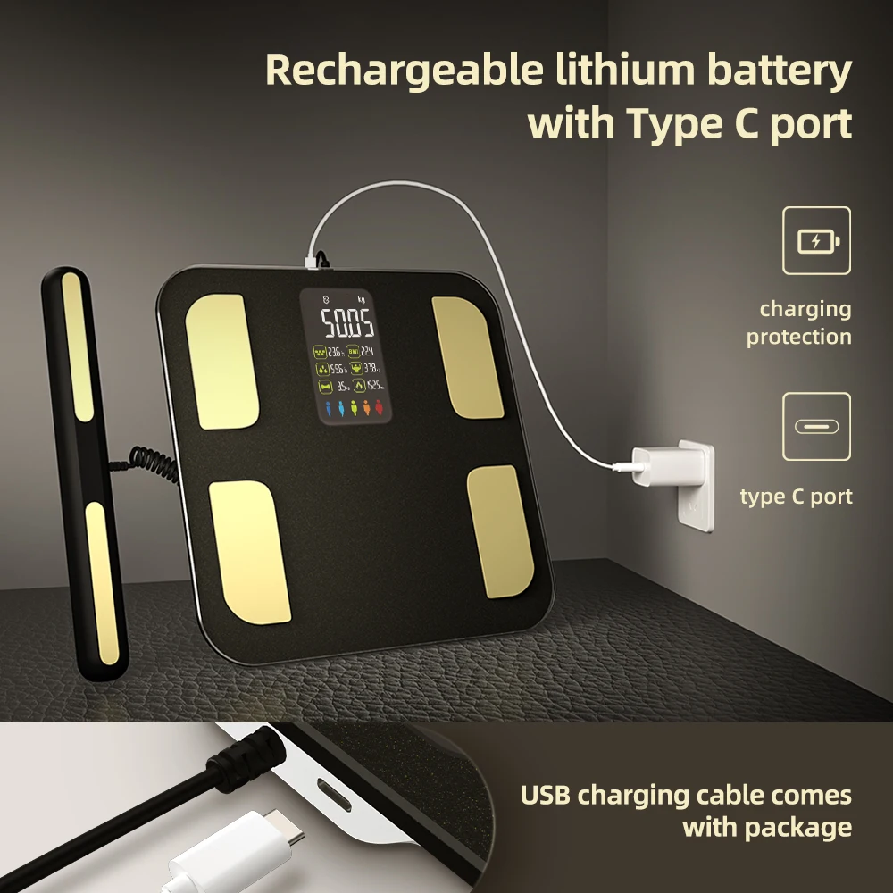 Professional Electronic Body Data Analyzer Big Va Screen 8 Electrode Composition Monitor Type C Port Bathroom Use Maximum 180kg