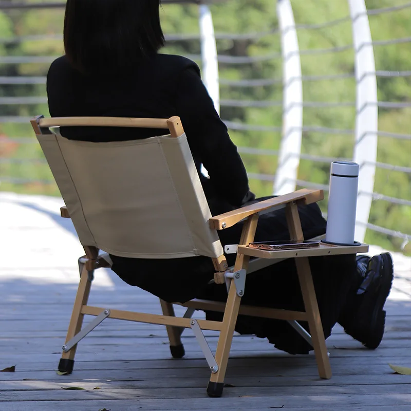 Nordic Simple Solid Wood Deck Canvas Folding Beach Chair Wooden Kermit Chair With Cup Holder For Banquet