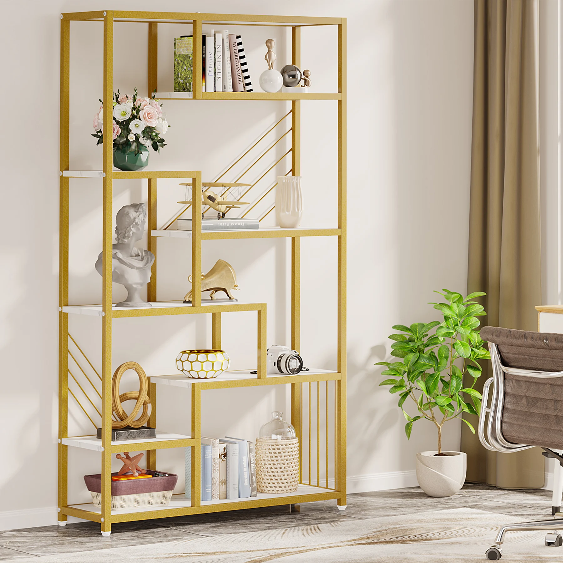 Modern wooden open-back marble white gold floor standing bookshelf unit with storage shelves