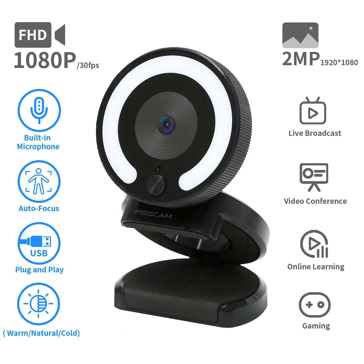Foscam oem odm W28 chinese 1080p webcam camera digital zoom auto tracking livestream webcam