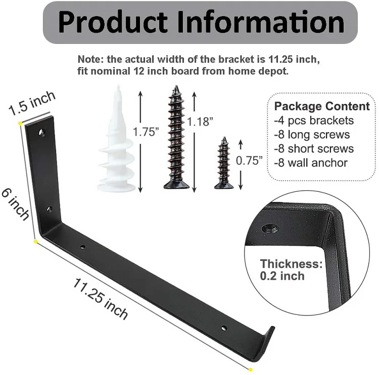 Wholesale Black Steel Metal Support Floating Shelf Bracket Wall Mounted