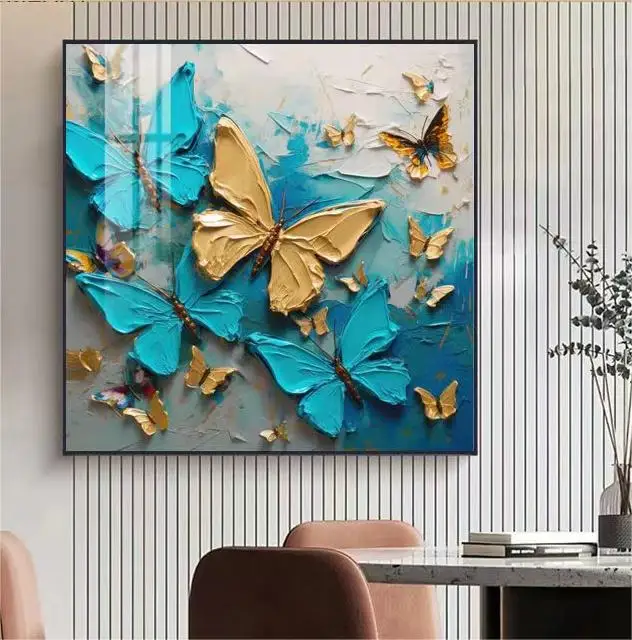 Large 3D Texture Blue Gold Butterfly Modern Oil print Painting on Canvas Custom Living Room Wall art Decor Animal Paintings