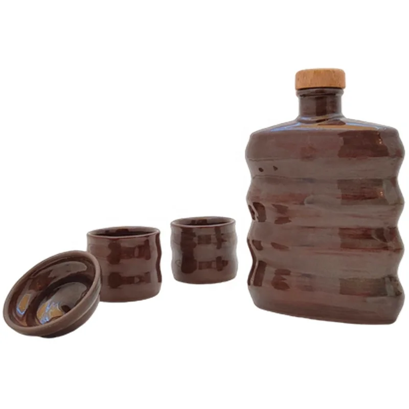 Custom mini pocket drinking flask gift wine alcohol whiskey flask brown ceramic pouring funnel shot glass hip flask set