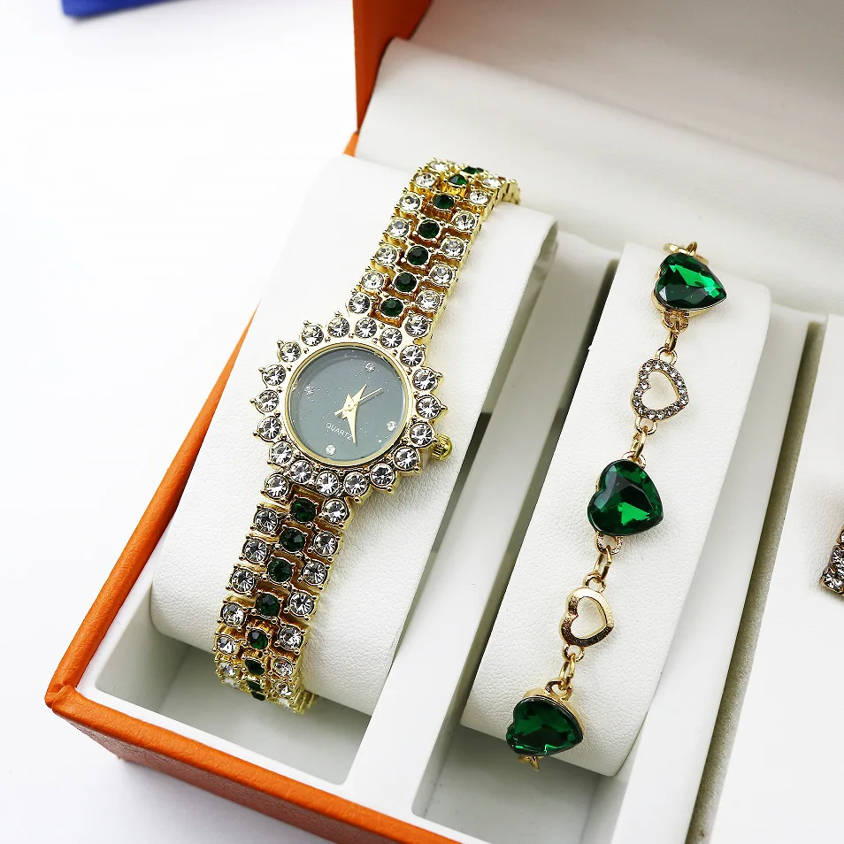 YuSa710 Women Watches Green Face Rhinestone Quartz Watch Sparkling Analog Wrist Watch & 5pcs Jewelry Set Bracelet Necklace