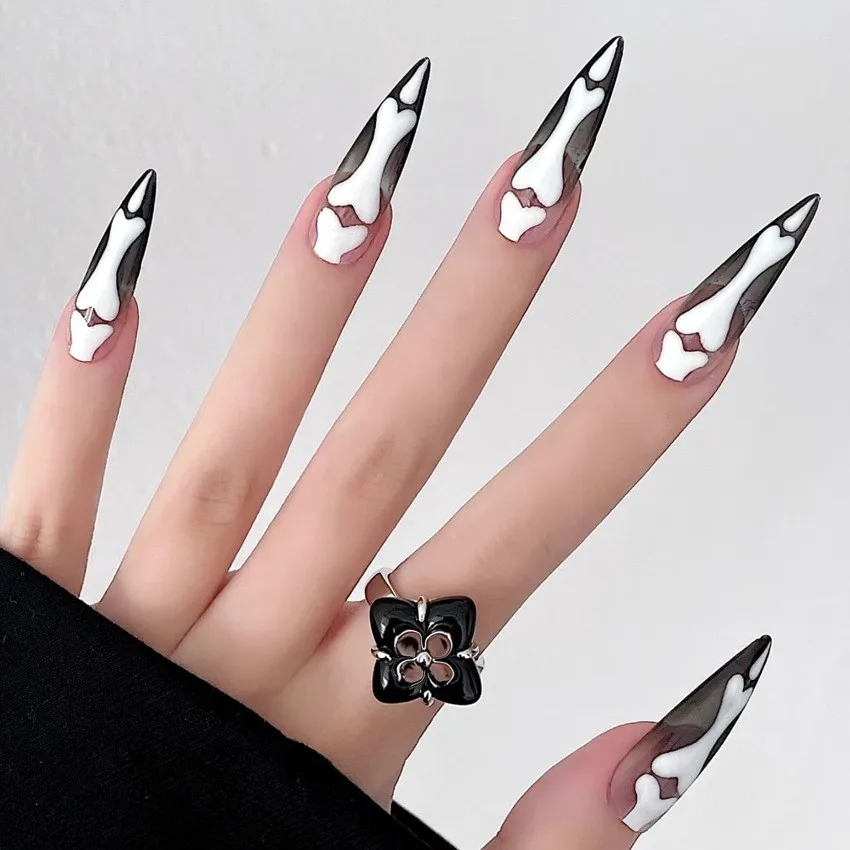 B66 Gothic Bone Designed Reusable Handmade False Nails long Custom Halloween Acrylic Press On Nails Artificial Nails for girls