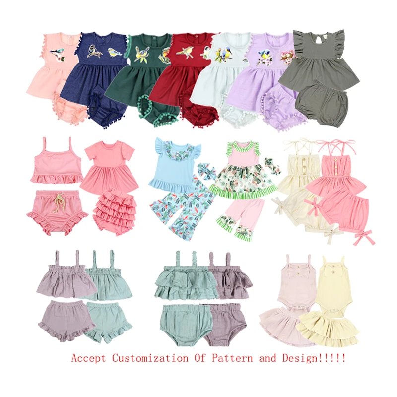TZ-399-WXM Ruffles Kids Baby Girls Top Dress Set With Bloomers Clothing Sets Manufacturers Girls Party Dresses Set