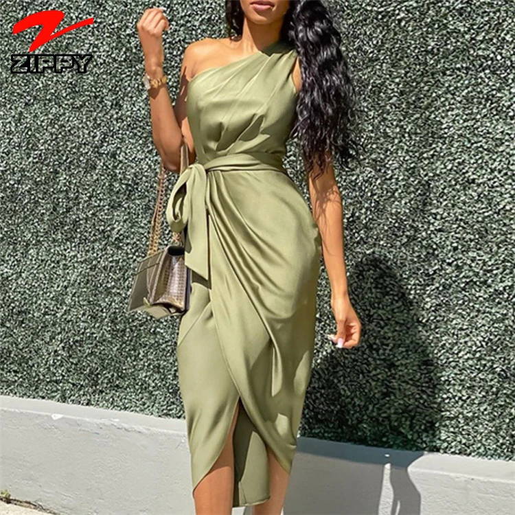 High quality sexy women satin green slim ladies dress One Shoulder Ruched Design Party Dress with belt