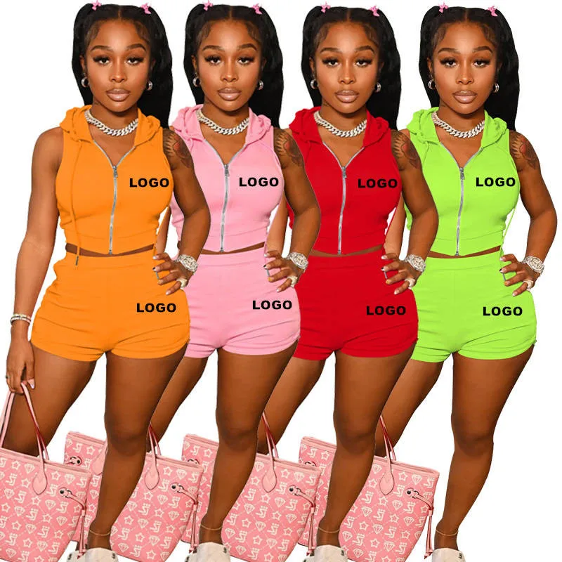 Custom Logo Hooded Crop Tank Top Sleeveless Sweatshirt Jogger Sports Suit Zipper Hoodies 2 Piece Shorts Sets For Women