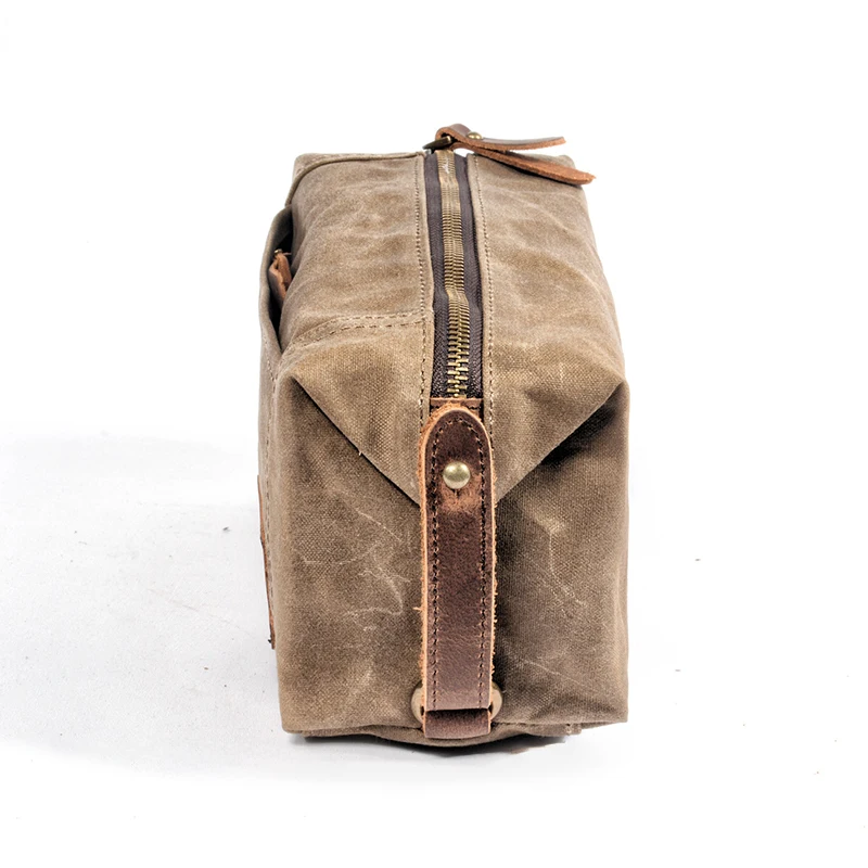 Waterproof Waxed Canvas Shaving Bag Mens Travel Toiletry Bag Custom Logo with Leather Handle