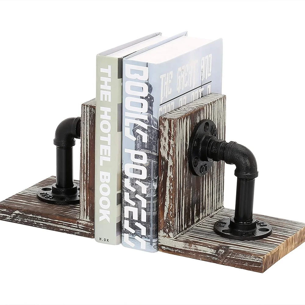 Industrial-Style Pipe & Torched Wood Bookends, 1-Pair