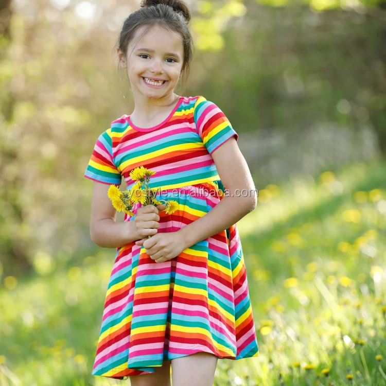 Cheap Prices Boho Design Rainbow Print Baby Girls 100 Cotton Dresses