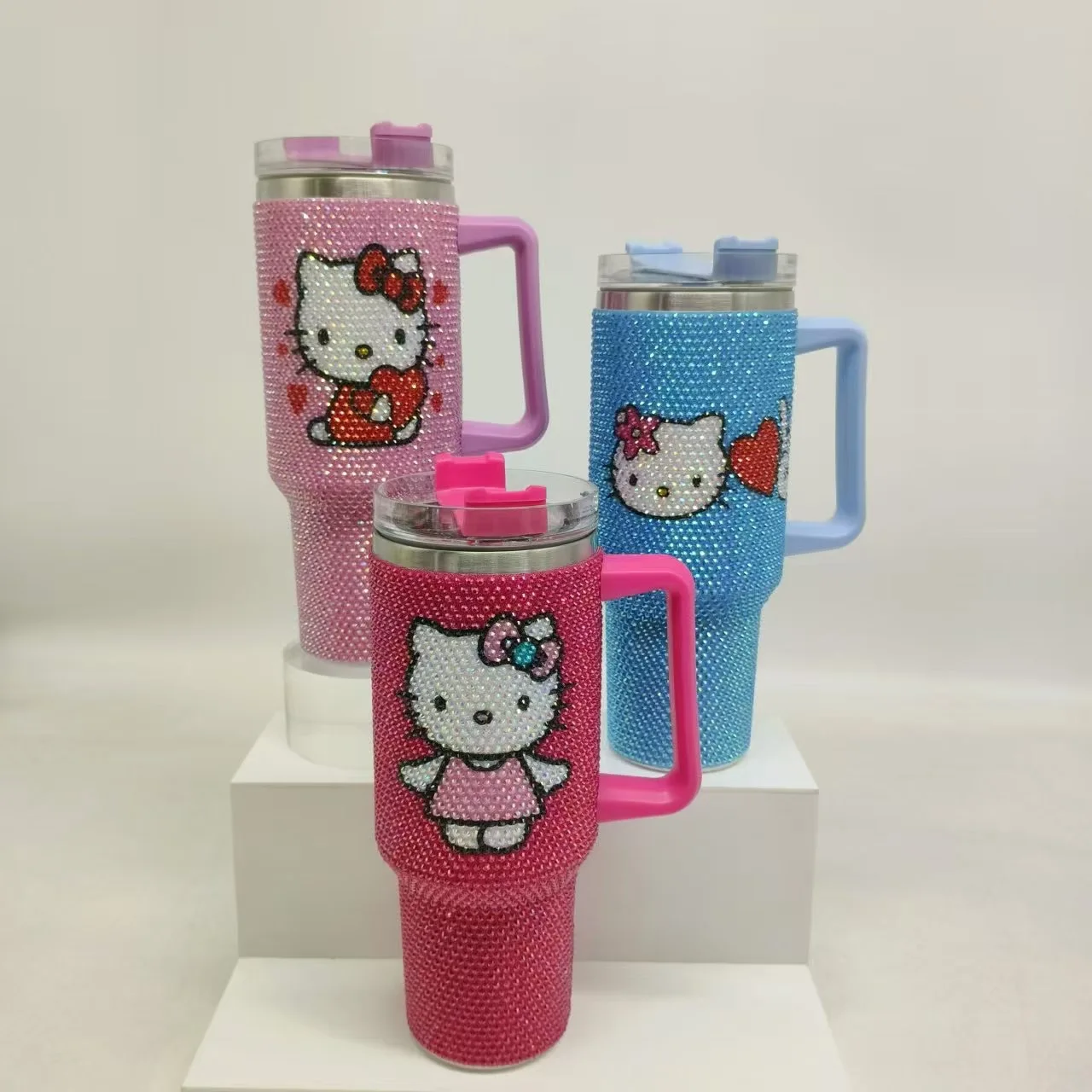 Botu Rhinestone Tumbler 40oz Handle Water Cups Creative Cartoon Kt Cat Diamond Crystal Tableware Portable Outdoor Water Cup