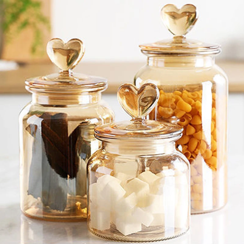 Various Size Round Clear Storage Container Canister Kitchen Spice Nut Candy Food Jar with Heart Shape Glass Caps