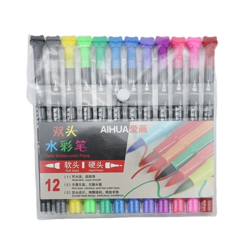 promotional cheap 12 color dual tip fineliner watercolor brush pen set for art marker