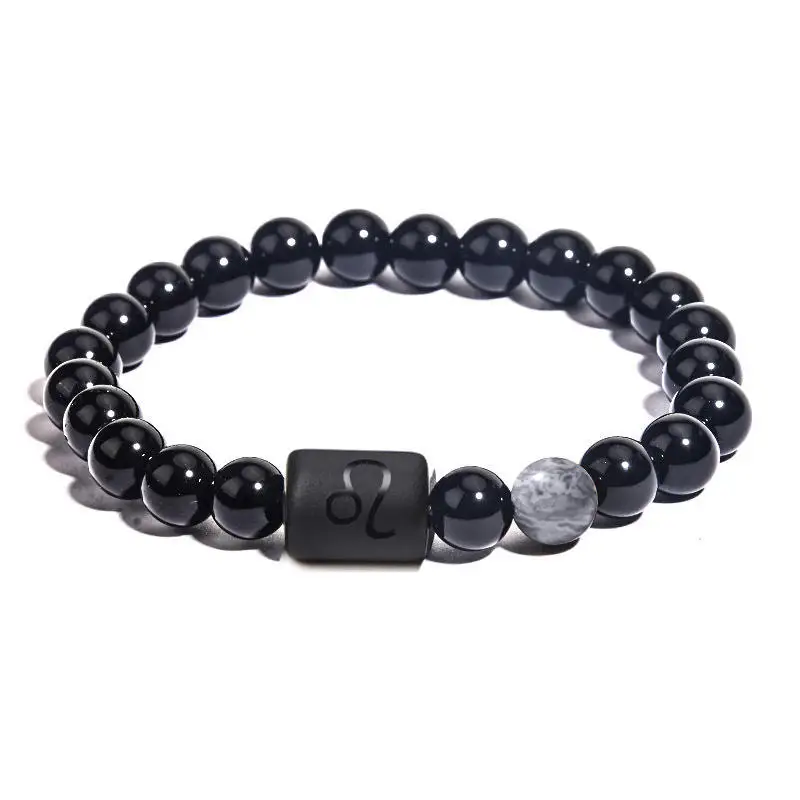 8mm Gem Bracelets 12 Star Sign Constellations Horoscope Lucky Beaded Bracelet Natural Crystal Stone Black Onyx Stone Bracelet