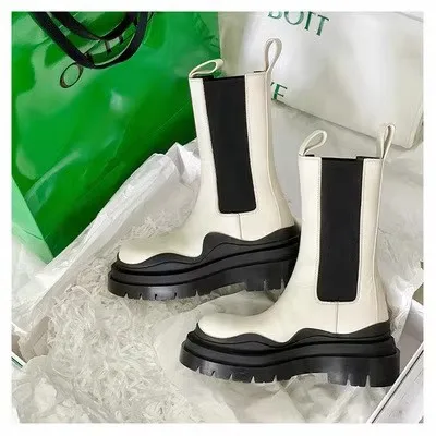 Hot Sell Women Platform Chunky Heel Elastic Tire Ankle Booties Colorblock Chelsea Boots Anti-Slip Flat Round Toe Mid Calf Boots