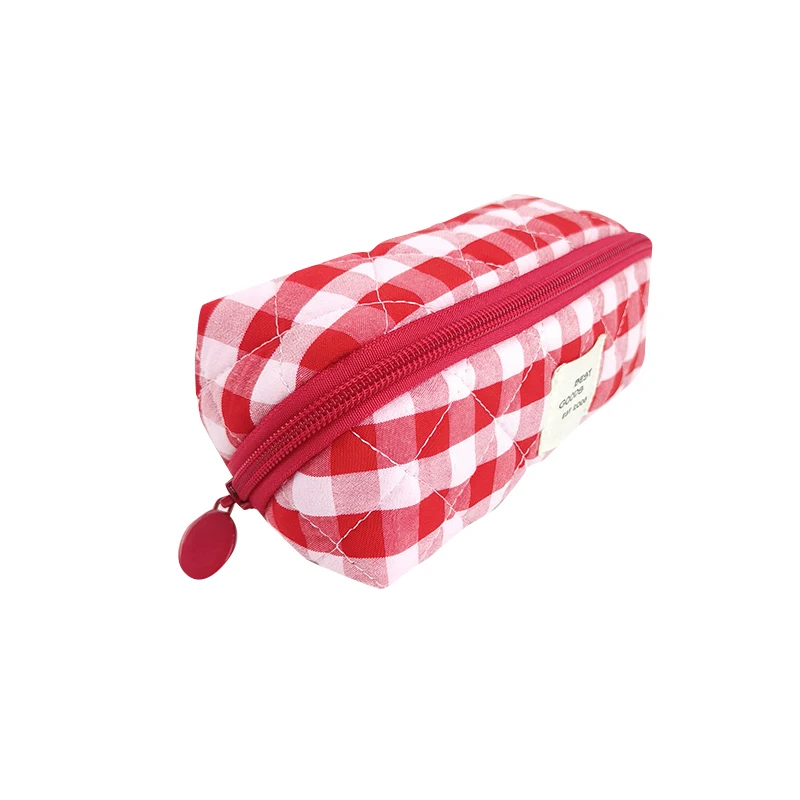Eco friendly custom logo large capacity pillow cute travel red blue checker makeup bag lay flat soft quilted cosmetic bag