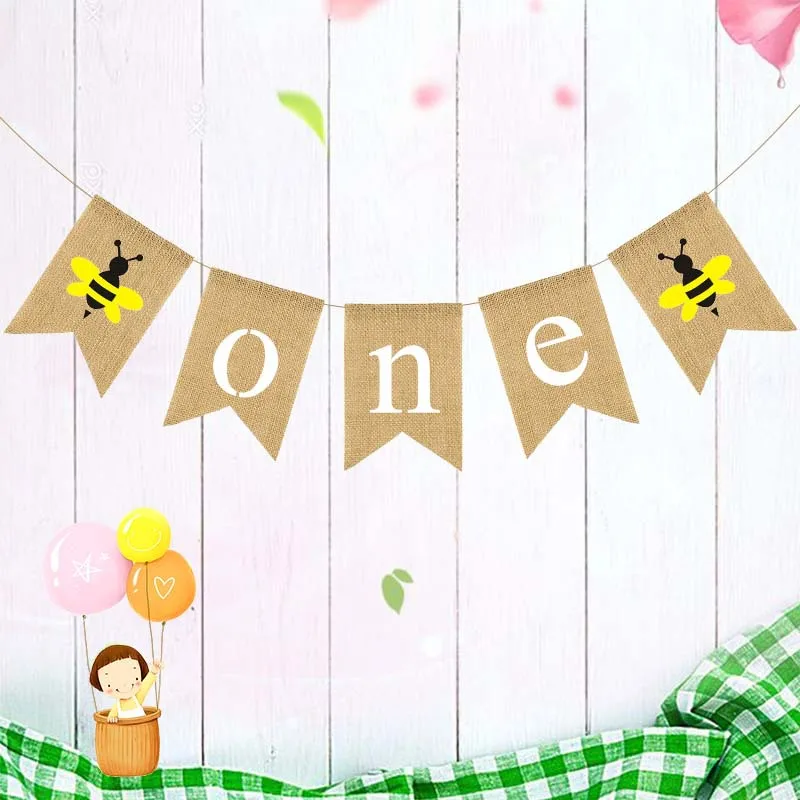 Jute Burlap Bee Themed One Highchair Hessian Banner Baby 1st Birthday Party Rustic Bunting Banner ONE Banner with Bee CUstomized