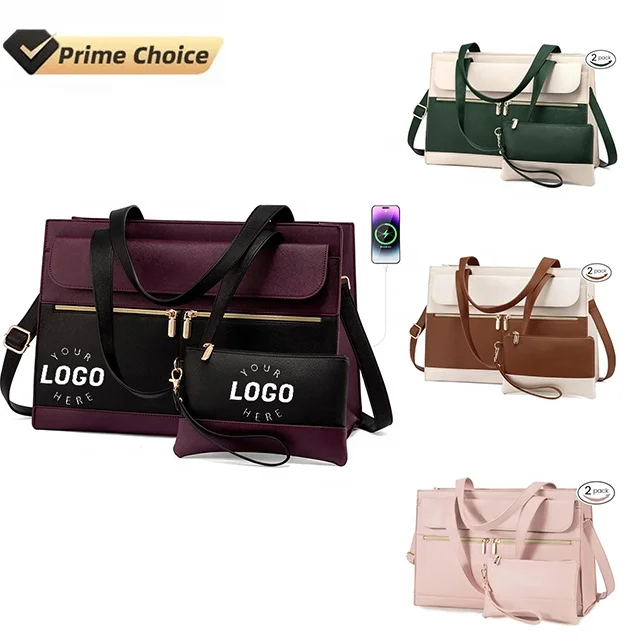 BSCI Custom 2024  Fashion Leather Shoulder Bag Women Tote Bag Ladies Handbag And Purses Laptop Briefcase With USB