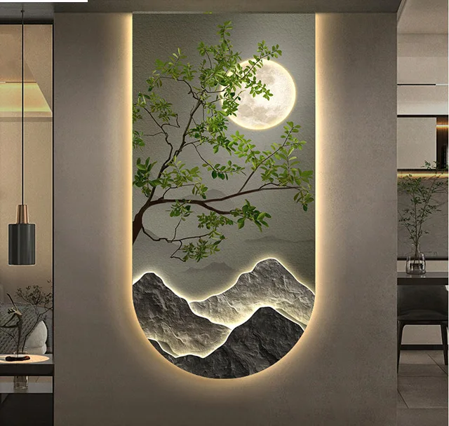 Light luxury night sky pine landscape crystal porcelain modern glass wall paintings with led home decor for living room