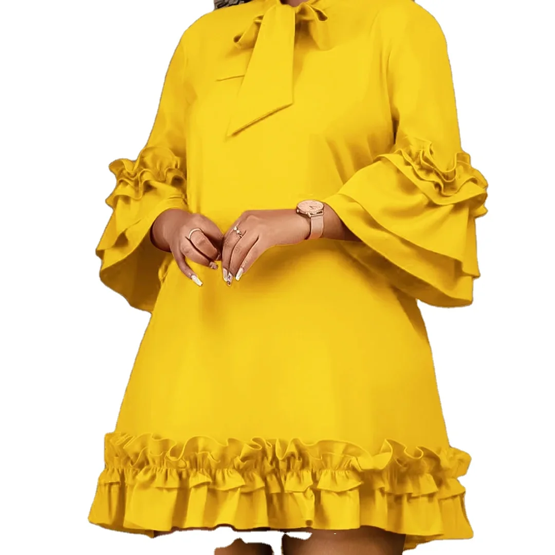 Loose casual plus size lotus leaf sleeve lace-up solid color Foreign trade dress