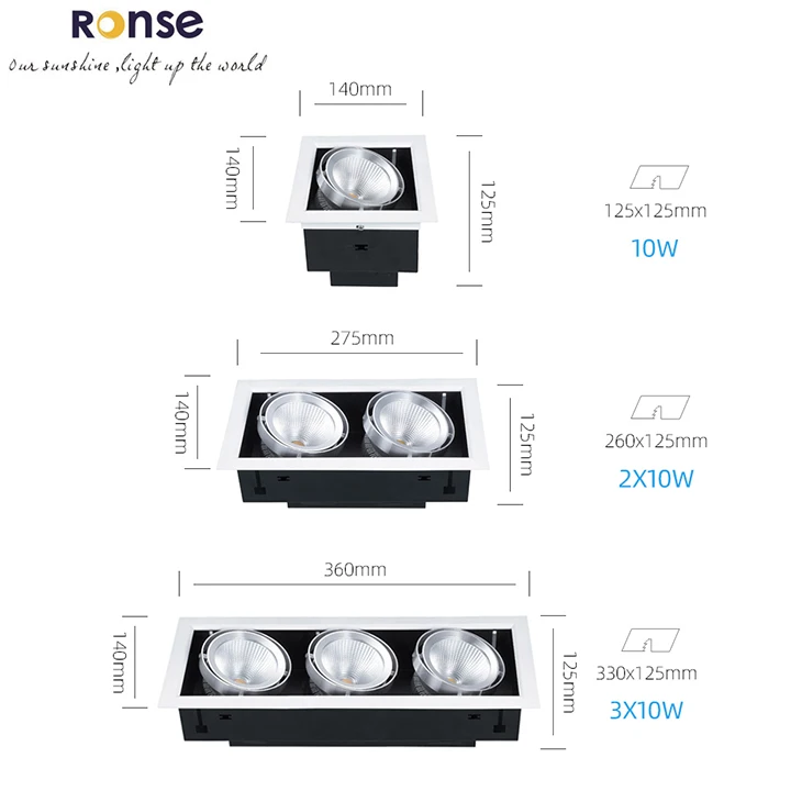 RONSE Recessed Cob 2*10w 2*20w 3*10w 3*20w Cob Home Grille Lamps Spot-it 360 Adjustable Grille Led Light Showroom Grille Lights