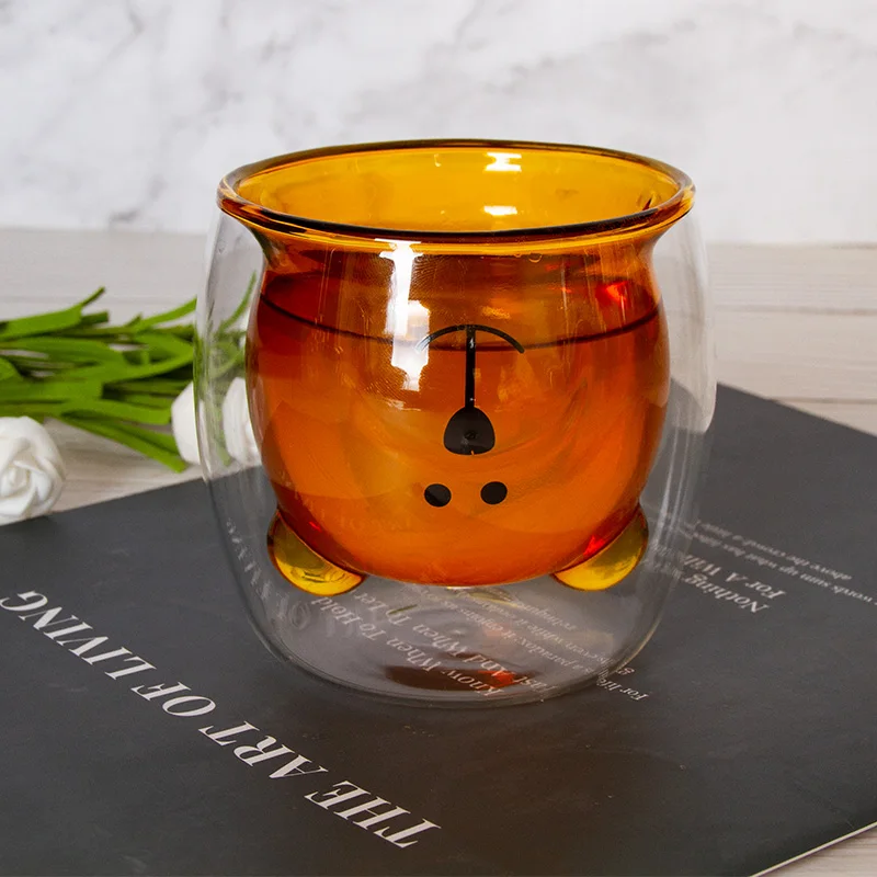 Glass Mugs Bear Cat Dog Animal Double-layer Glass Mug Coffee Cup Christmas  Mug gift
