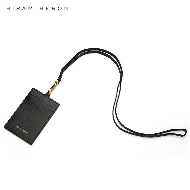 Hiram Beron Italian cow leather ID Card Holder Badge black staff neck card