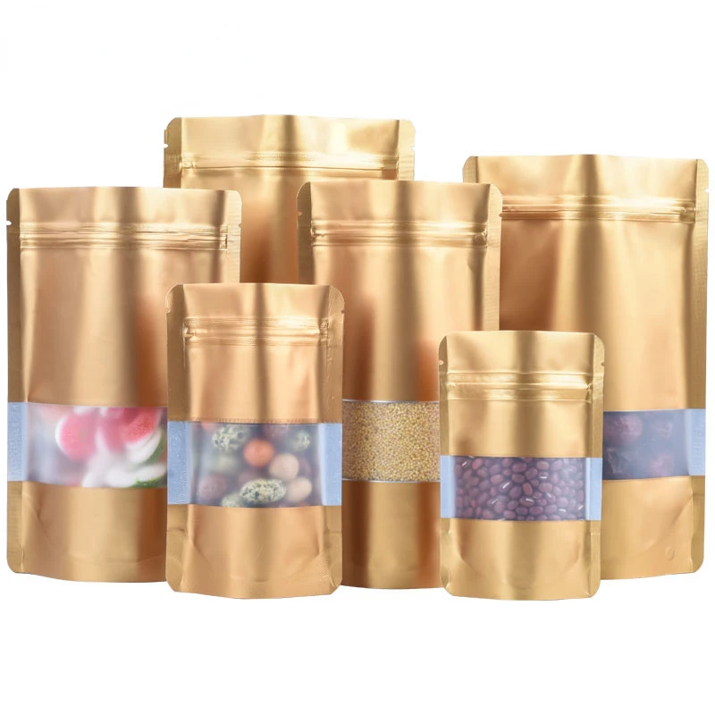 Stand up Matte Champagne Gold Aluminum Foil Window Zip Lock Bag Resealable Coffee Cereals Spice Tea Seeds Sealing Pouches