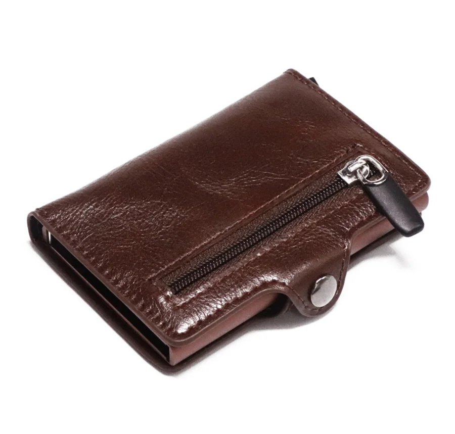 PU Leather Wallet RFID Block Card Holder Aluminum Automatic Card Box Slim Pop Up Metal Case With Zipper Coin Pocket