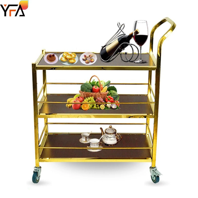 Luxury three-layer stainless steel solid wood multi-functional trolley, restaurant service food delivery cart
