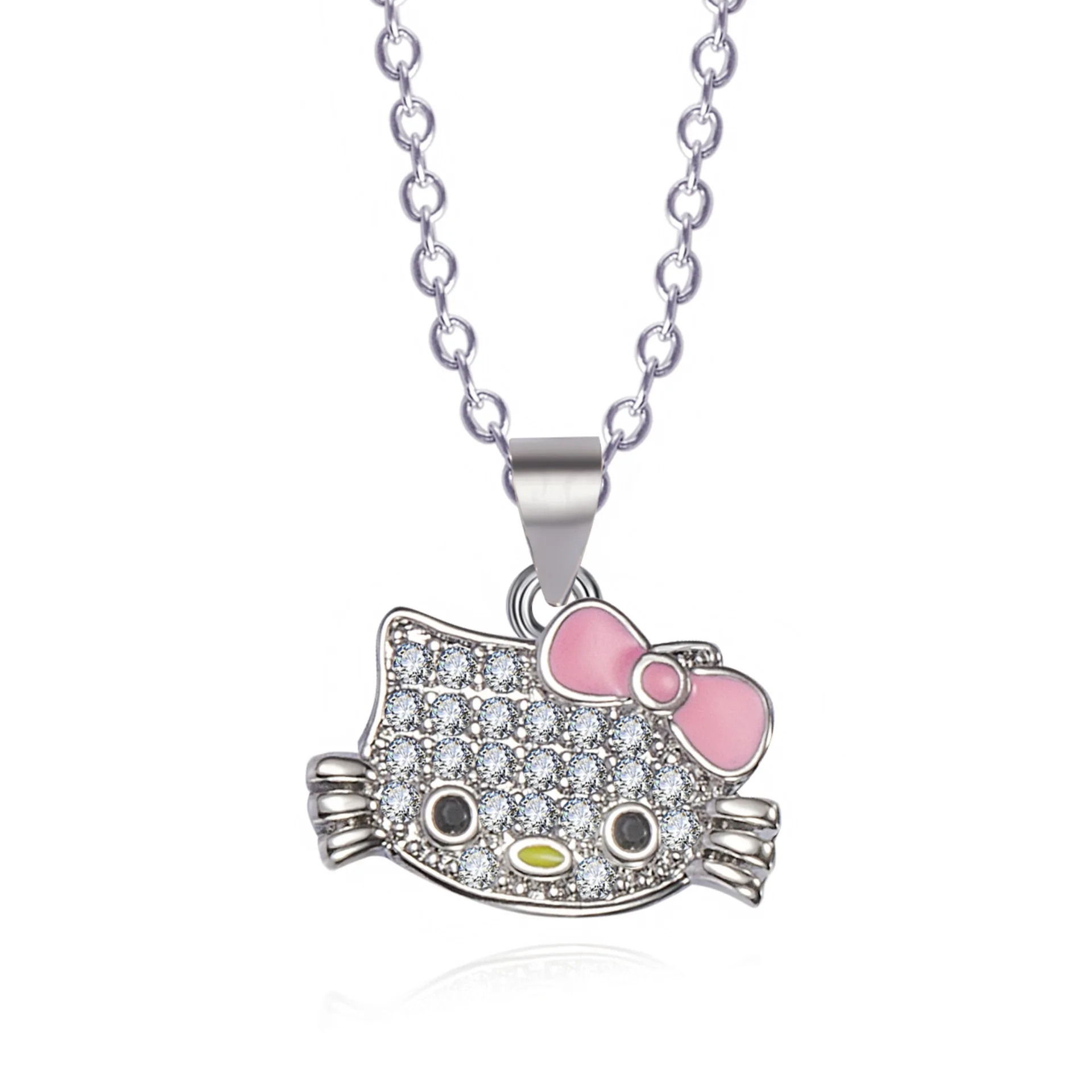 Hello Kitty Полный бриллиантовый бант милое ожерелье серьги и Открытое кольцо женский мультяшный милый котенок комплект ювелирных изделий для женщин