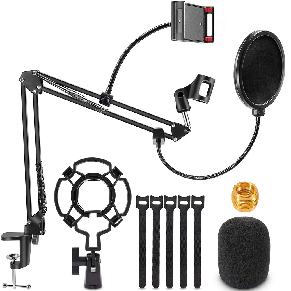 Adjustable Suspension Mic Boom Arm Stand Microphone Scissors Clamp with Phone Holder for Professional Streaming, Voice-Over