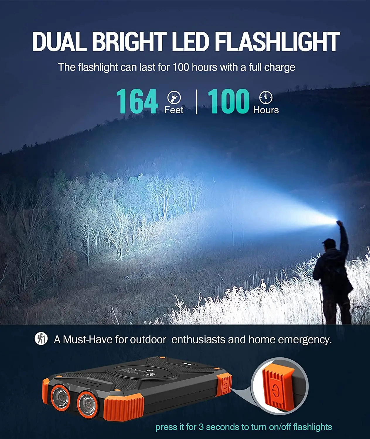 10,000mAh Solar Charger Power Bank Wireless Charger Input Output Dual Super Bright Flashlight Compass Carabiner