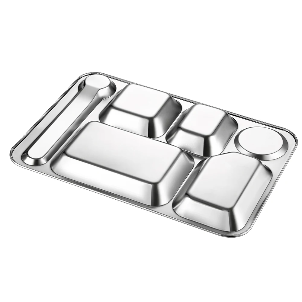 stainless steel 201 lunch dinner snack plate fast food tray 6 compartment Divided tray for school canteen adult and kids