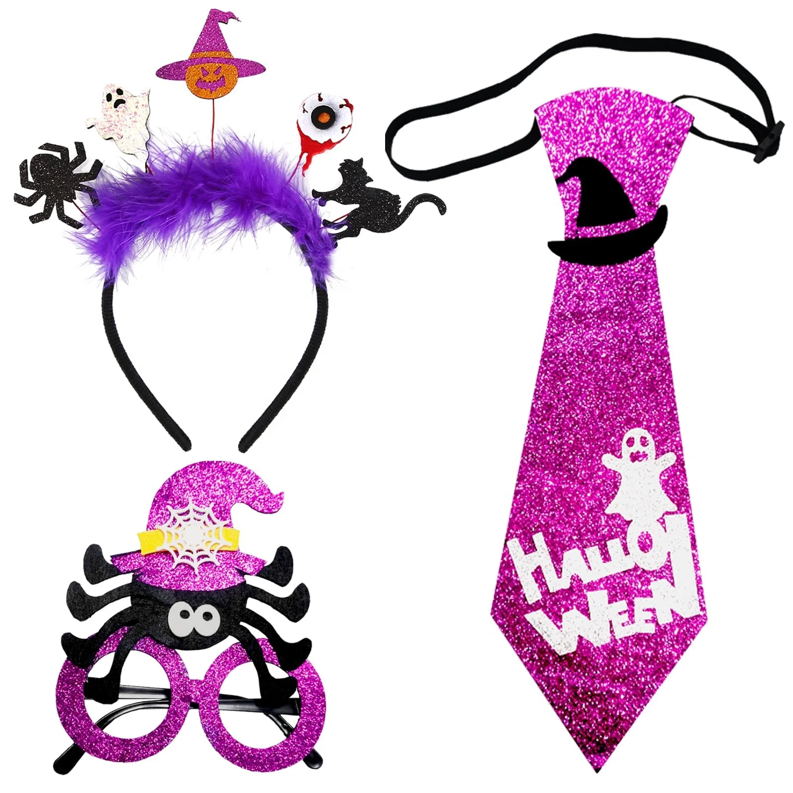 Hot Sale New Design Custom Spooky Halloween Party Supplies Purple Glitter Headband Necktie Glasses Necklace Halloween Dress Prop