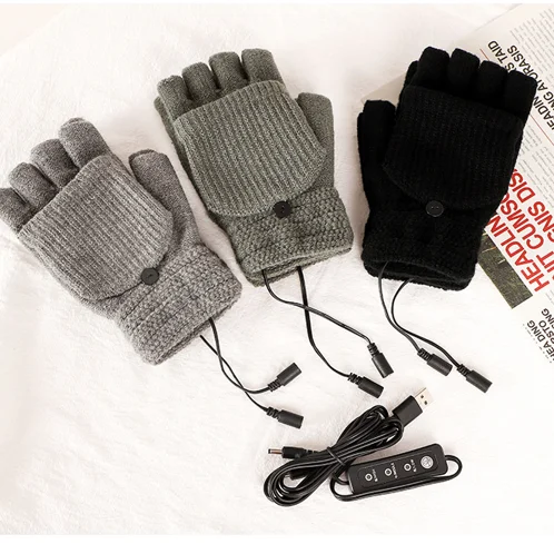 ACORLIFE USB Electric Heated Glove 2-Side Heating  Fingerless Knitted Mittens Waterproof Cycling Skiing Adjustable Heat Gloves