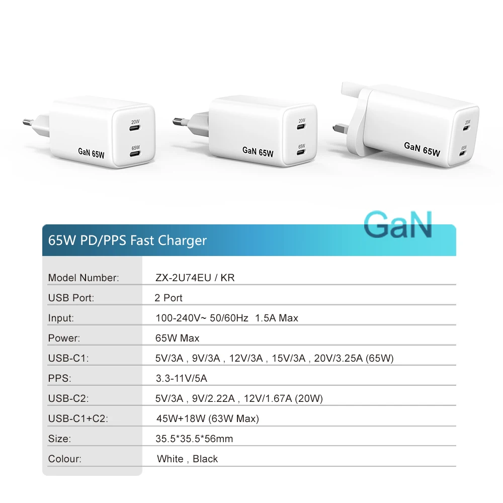 GaN PD 65W EU Multi-Port PD PPS QC Type-C Wall Phone Fast Charger for Laptop Tablet