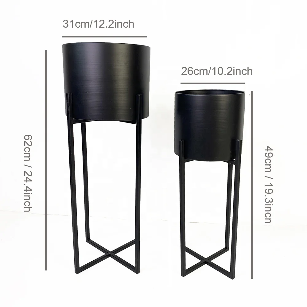 Lander Set of 2 modern minimalist industrial Black Metal Plant Stands with Pots Indoor Outdoor Decorative Metal Flower Pots