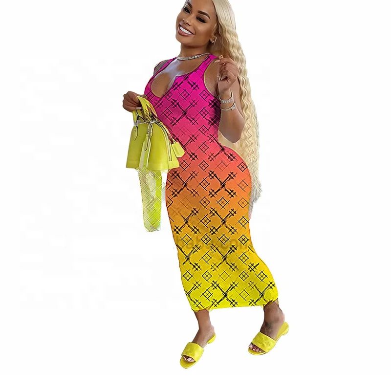 Famous Brand Summer Ladies Luxury Dress Casual Sleeveless Elegant Dresses Designer Print Sexy Bodycon Maxi Dress For Women