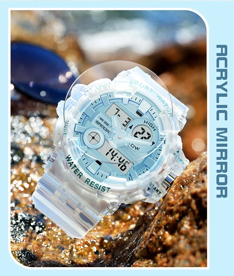 Sanda  3100 multifunctional student electronic watch, youth sweet fashion transparent wristwatch outdoor sports waterproof watch