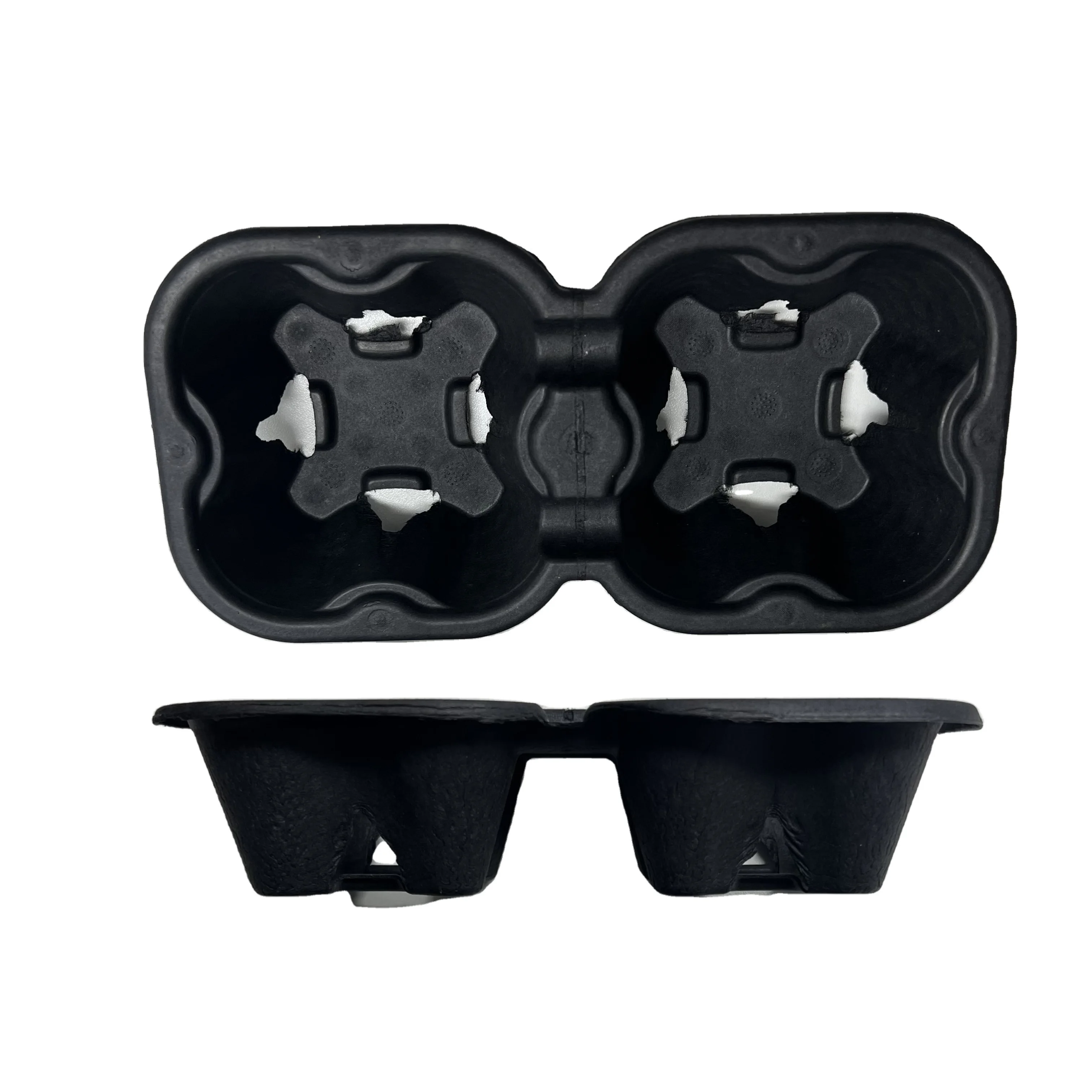 black coffee tray splitable 2 Cup drink holder sugarcane coffee tray packaging recycled paper pulp mould coffee sleeve holder