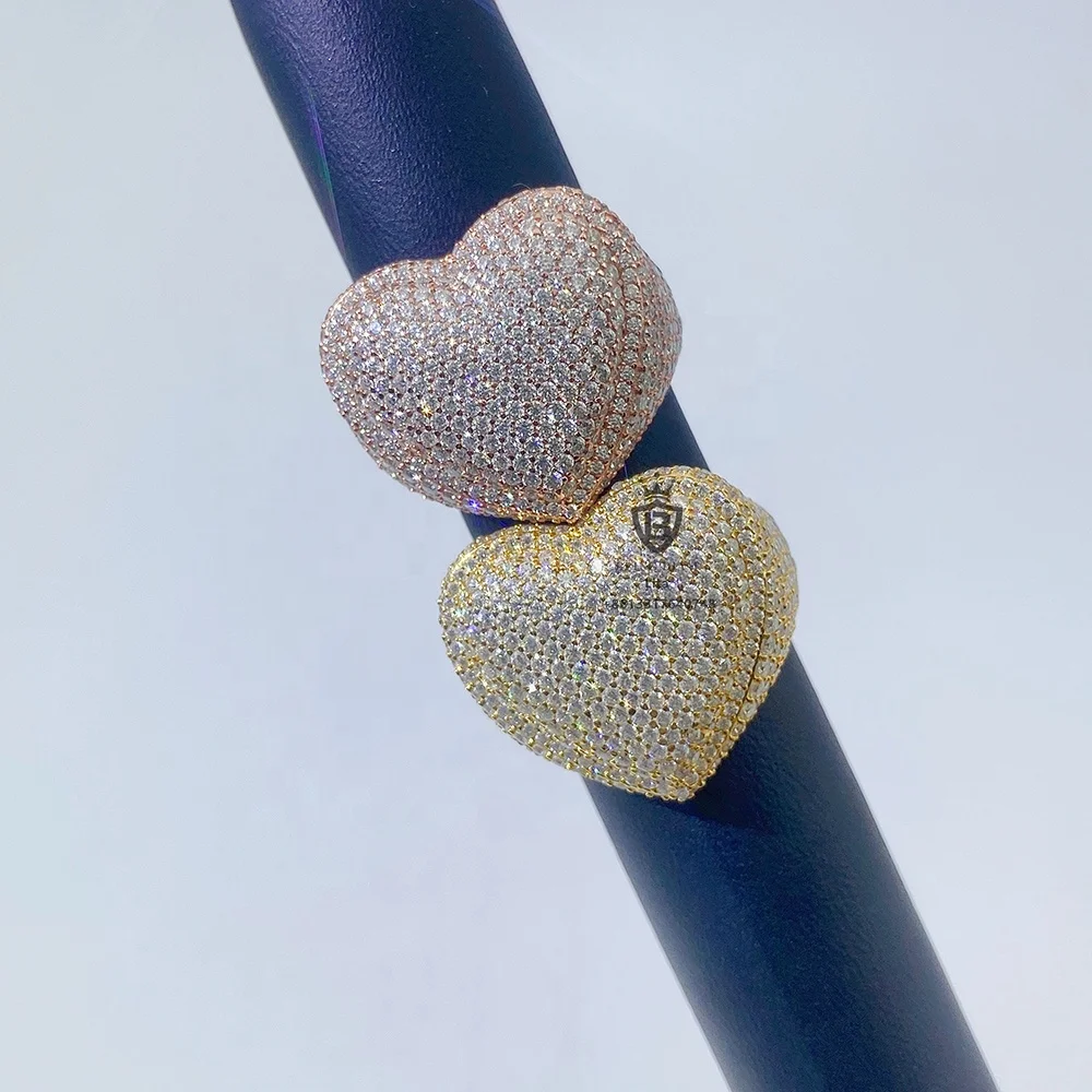 Fashion fine jewelry 925 sterling silver heart ring iced out hip hop custom silver moissanite ring