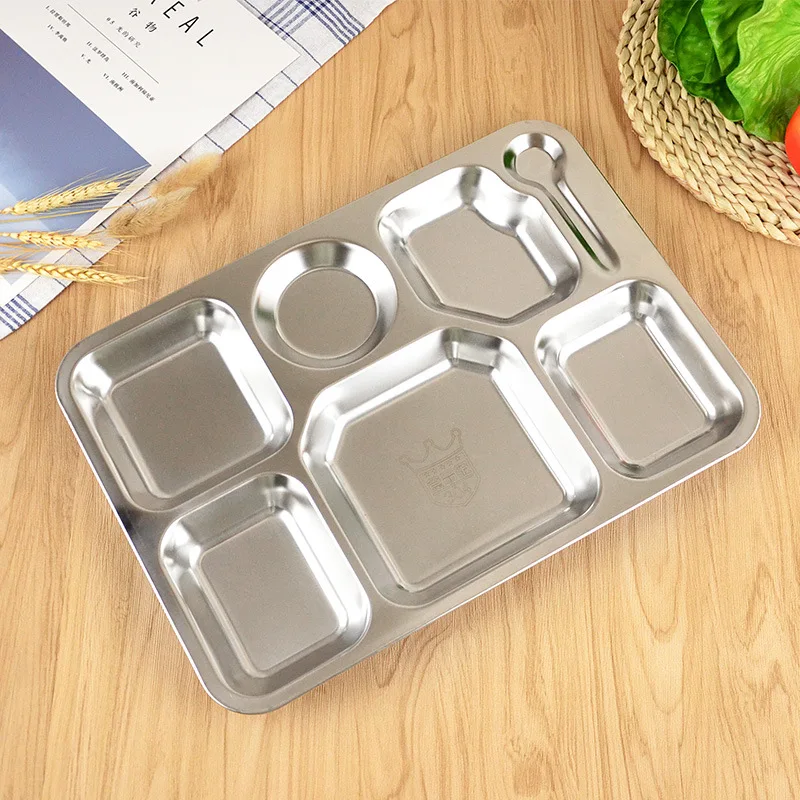 
FREE SAMPLE High Quality 5 compartments Fast Food Stainless Steel Lunch Box Rectangular Dinner Plate or Snack Serving Tray 