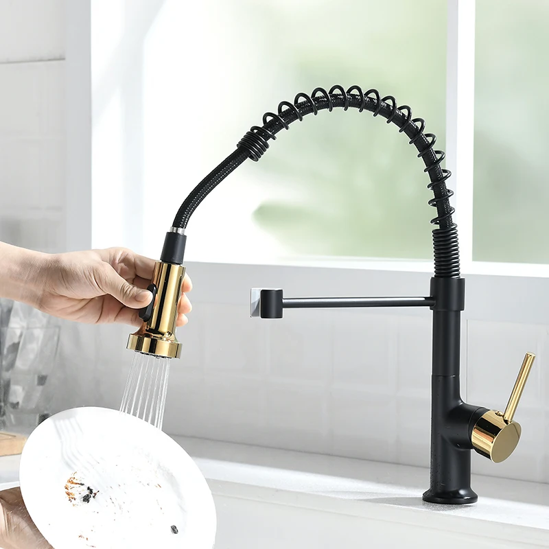 Matte Black Gold Commercial Single Handle Lever Spring Pull Out Spray Kitchen Faucet Hot and Cold Water Sink Tap