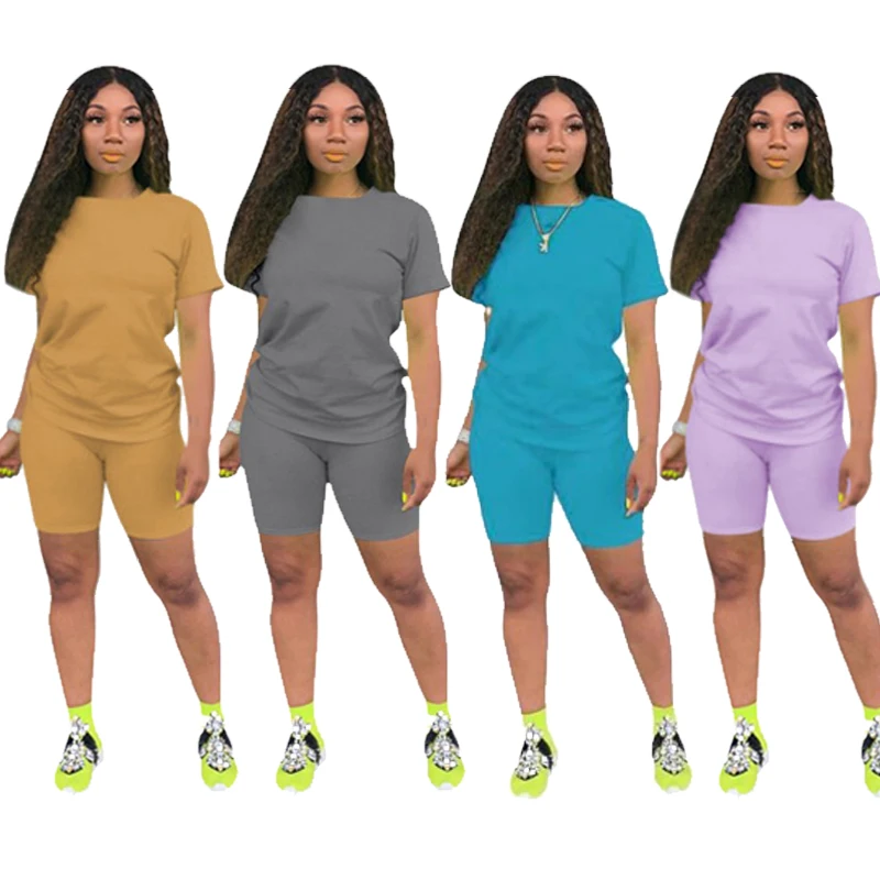 
2021 Hot Sale Fashion Casual Printing Color Matching Short Sleeve Shorts Slim Summer Sets For Women Clothing Wholesale 